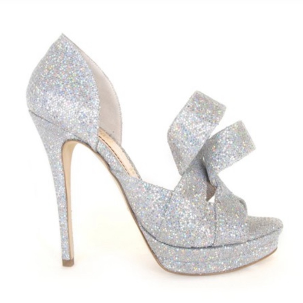 Jerome C. Rousseau Kier Iridescent Glitter Platform Sandals in Silver Size 6